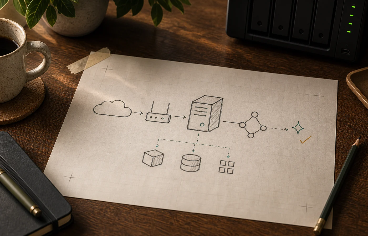 Field-note sketch of a small network, server, automation node, and AI-assisted workflow on a warm desk