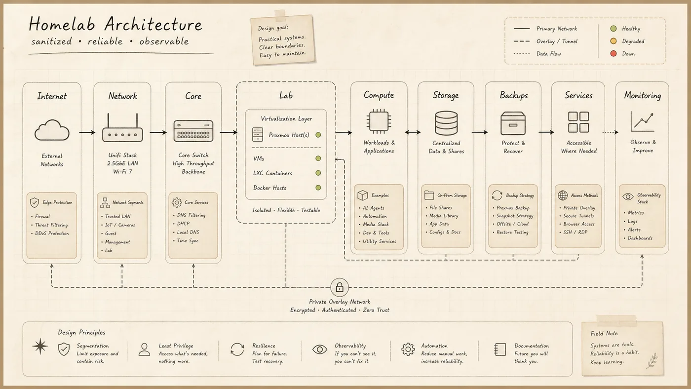 Sanitized field-note homelab architecture map with generalized network, compute, storage, backup, services, and monitoring zones