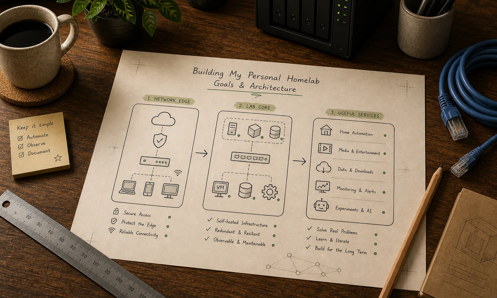Field-journal style homelab topology with abstract network, compute, storage, and backup blocks.