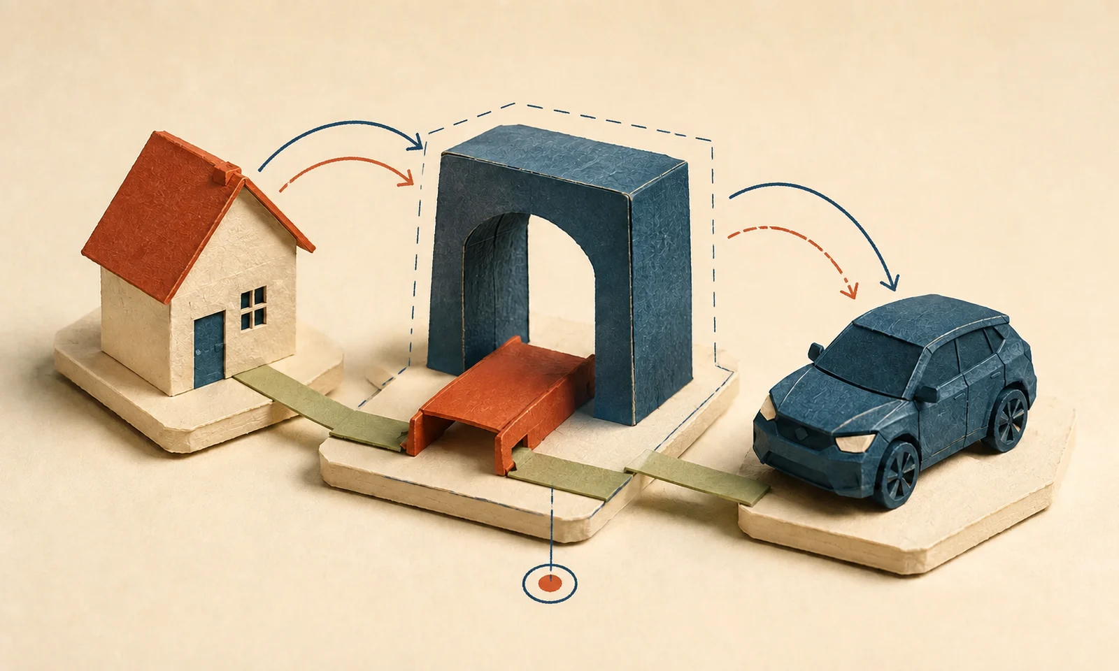 Paper house, gateway, and car with drawn flow arrows and a dashed integration boundary.