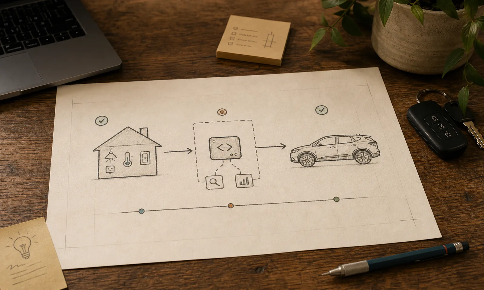 Field-journal style sketch connecting a home automation system, integration boundary, and generic crossover vehicle.