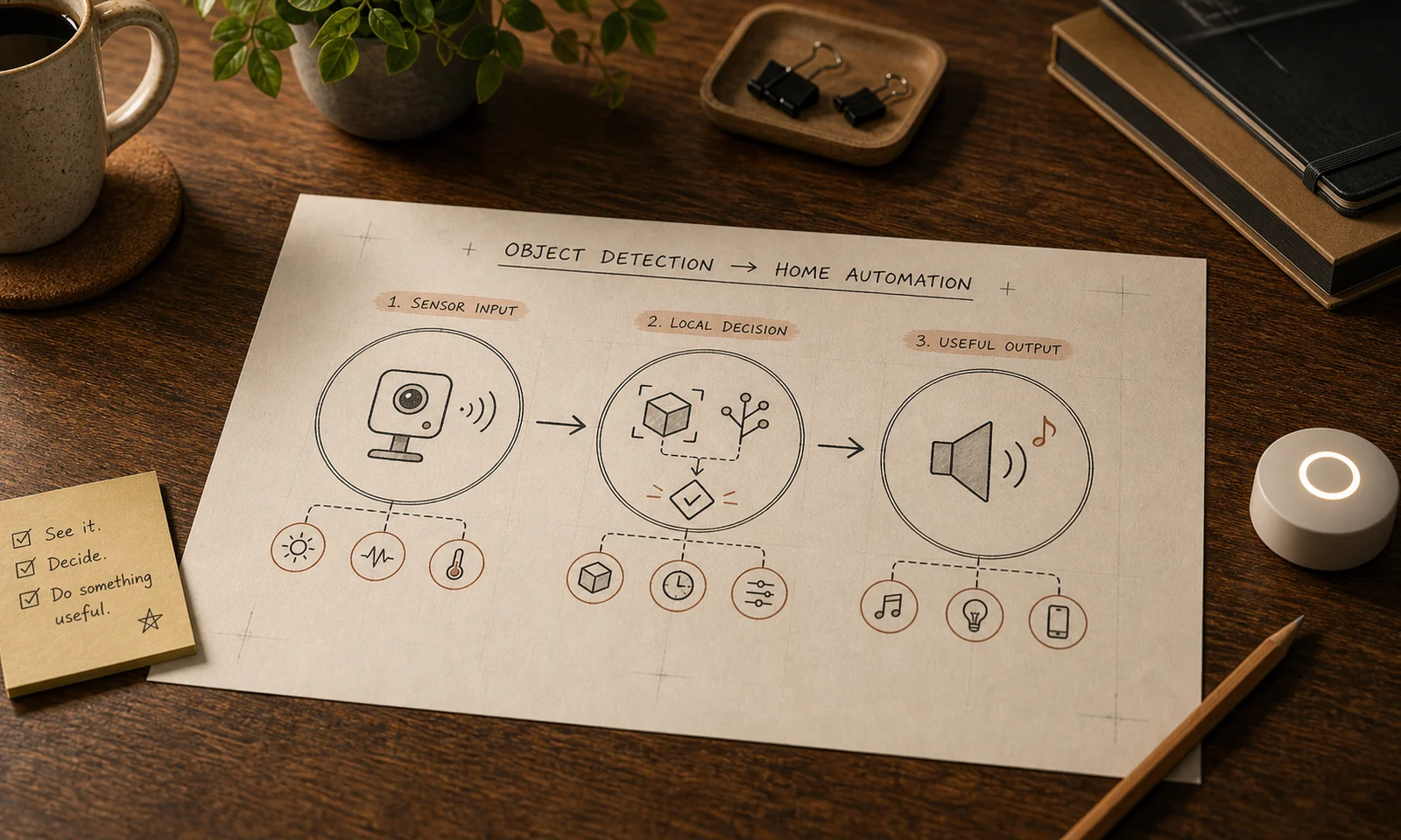 Field-journal style smart home automation sketch with abstract camera detection and media playback blocks.