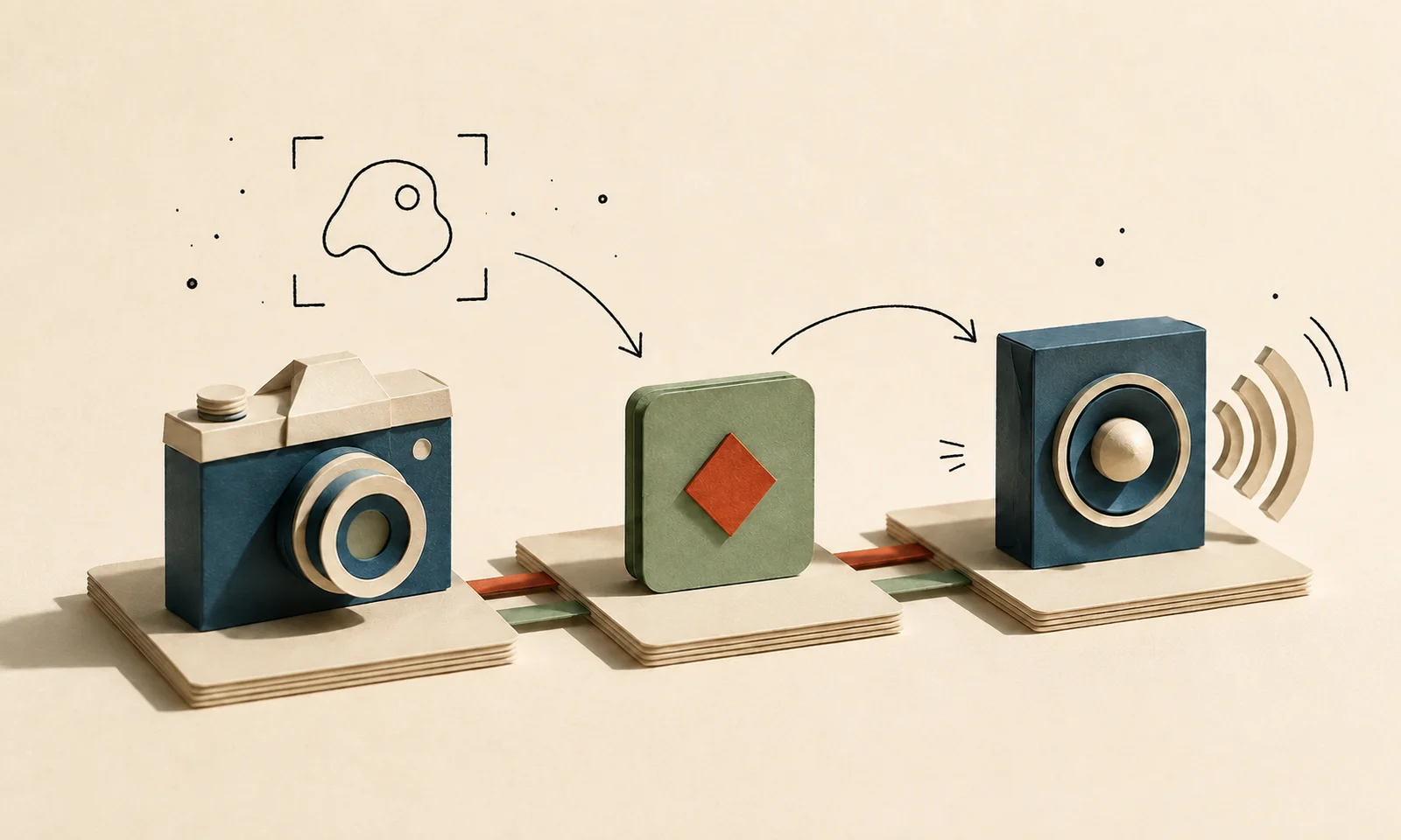 Paper camera, decision tile, and speaker with an illustrated detection frame and event-flow arrows.