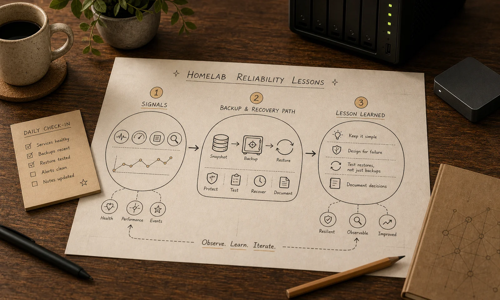Field-journal style reliability ledger with abstract uptime trace, backup blocks, and status marks.